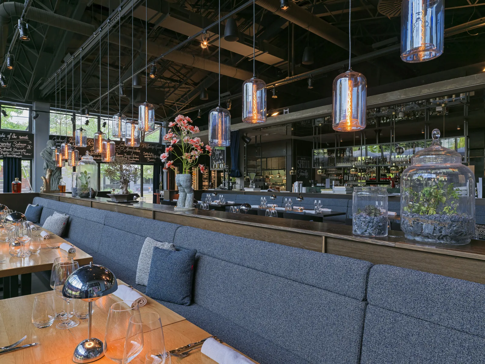 Blue banquettes in the restaurant