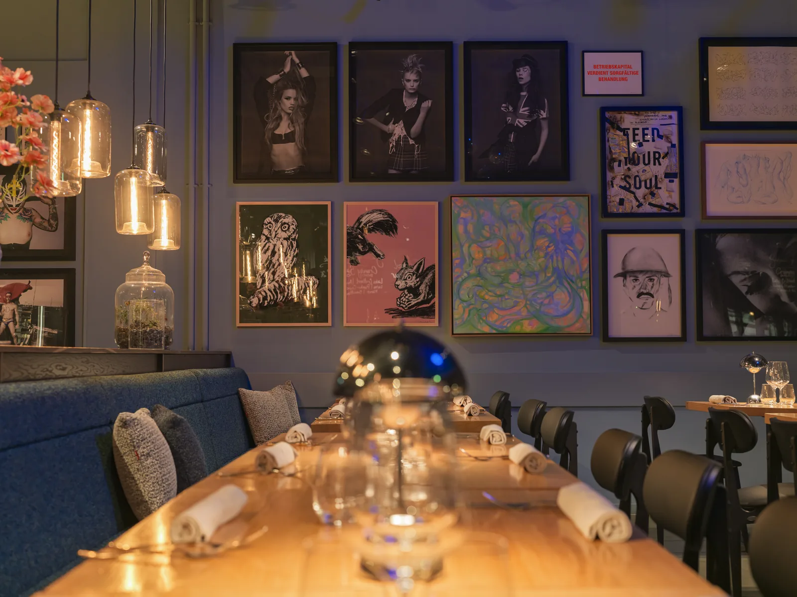 Art above the blue banquette