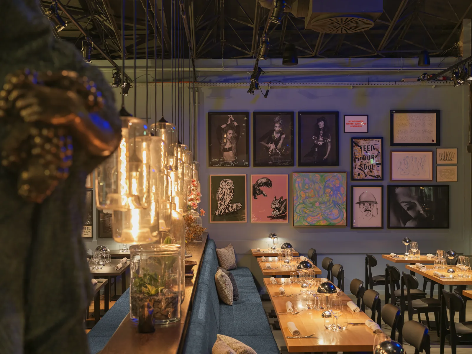 Filament bulbs by the art wall